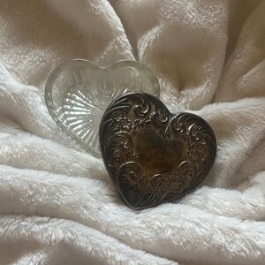 Heart Shaped Glass & Metal Trinket Box Set - Clear Glass and Antique-Tone Metal
